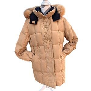 UTEX Design Down Puffer Coat Petite Medium Tan Real Fur Trim Hood Parka Warm